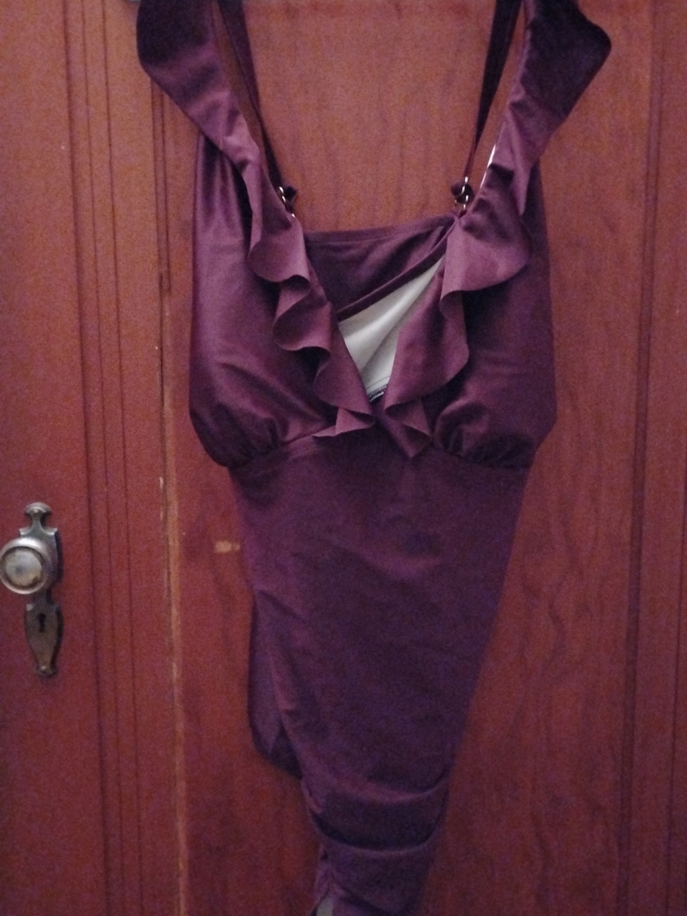 Kona Sol Plum Ruffle V-Neck One-Piece Swim